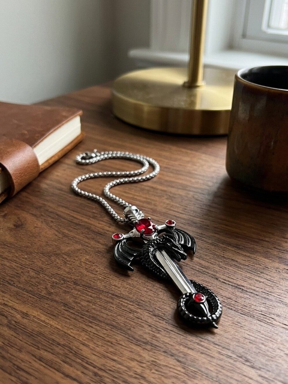 Mens Dragon Sword Necklace Gothic Cross Pendant Red Zircon Winged Dragon Chain